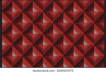 A lot triangle shape and gradient shade.To be continued big square pattern.Like pyramid.Diagonal line continue.Dimension.Red color.Design for pillowcase.Clothes.Scarf.Printing and all knitting work.