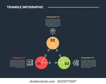 triangle shape infographic process diagram with triangle on circle shape edge with dot line connection with 3 points dark background bright outline style vector