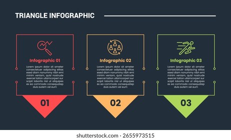 triangle shape infographic process diagram with box container with big arrow pointer bottom direction with 3 points dark background bright outline style vector
