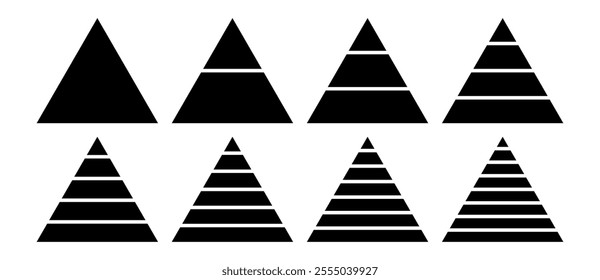 Triangle shape with lines as modern design element, logo or icon. Triangles with 1, 2, 3, 4, 5, 6, 7, 8 equal parts as infographic template.