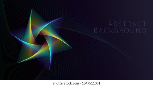 Triangle shape lines stacked into a six-pointed star. Blends green, blue, purple, pink, orange, yellow. Abstract pattern geometric shape black background. Editable stroke vector illustration.