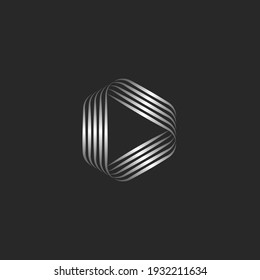Triangle shape logo or creative play icon, weaving thin metallic gradient lines, striped pattern.