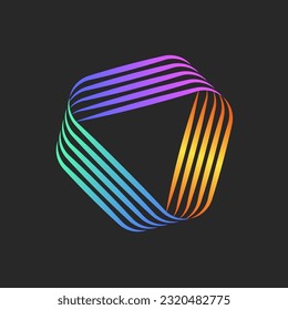 Triangle shape logo linear 3d form vibrant gradient creative overlapping, wire technology logotype, overlapping thin parallel lines, striped pattern.