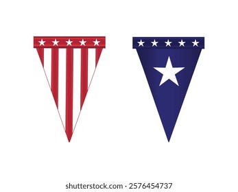 Triangle shape pennant banner design characterized by a triangular shape with alternating red and white vertica, horizontal stripe