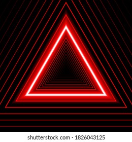 Triangle shape red lines glow neon, on a black background. Linear template for business card, cover layout, brochure, flyer, corporate page, poster, banner, web design. Vector illustration.