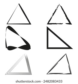 Triangle shape set. Geometric design vector. Six unique styles. Black and white outline.
