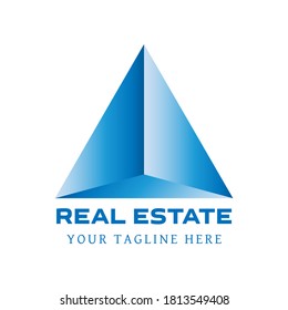 Diseño de la plantilla del logotipo azul en forma de triángulo para la marca de la empresa inmobiliaria