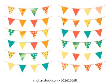 Triangle shaped bunting flags in bright colors for invitations, greeting cards and scrapbooking