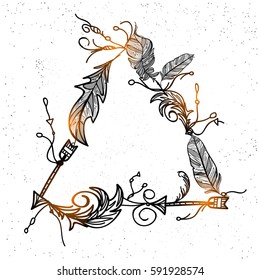 Triangle shaped Frame made by ethnic Boho Feathers and Arrows. Creative hand drawn illustration.