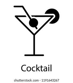 A triangle shaped glass with a drinking straw and lemon symbolizing cocail 