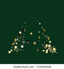 Triangle shaped scatter of colored stars. Isolated gradient stellar elements. Platinum chrome metal glitter. Holiday celebration luminous glossy vector template.