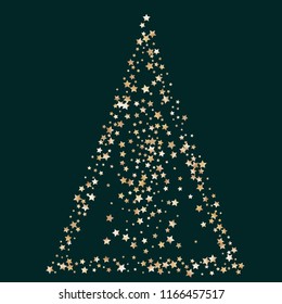 Triangle shaped scatter of colored stars. Isolated gradient celestial elements. Brass metal glitter. Festive iridescent holographic shine vector template for celebration decoration