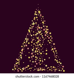 Triangle shaped scatter of colored stars. Isolated yellow orange red gradient celestial elements. Iridescent glitter festive celebration vector template for decoration