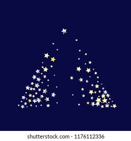 Triangle shaped scatter of colored stars. Isolated yellow blue white  grey  gradient stellar elements. Holiday celebration luminous glossy vector template for celebration decorations.