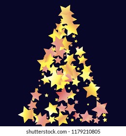 Triangle shaped scatter of colored stars. Isolated yellow orange red gradient celestial elements. Holiday celebration luminous glossy vector template for decoration