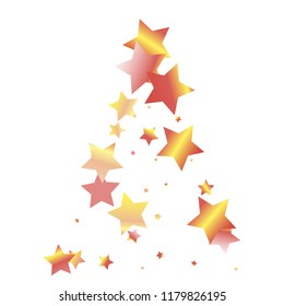 Triangle shaped scatter of colored stars. Isolated yellow orange red gradient stellar elements. Festive iridescent holographic shine vector template for decoration