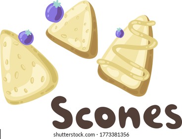 Triangle shaped scones. Homemade blueberry scones. Traditional English tea treats. Doodle scone or biscuit with raisins and cream isolated on white background. 