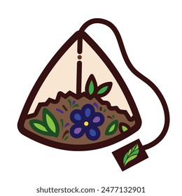 Triangle shaped tea bag with natural leaf and flower herbs colorful icon illustration with outline isolated on square white background. Simple flat cartoon art styled object drawing.