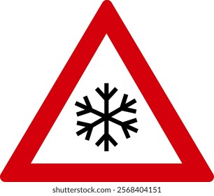 Triangle shaped warning sign beware of snowfall with snowflake. Illustration made January 8th, 2025, Zurich, Switzerland.