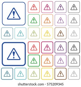 Triangle shaped warning sign color flat icons in rounded square frames. Thin and thick versions included.