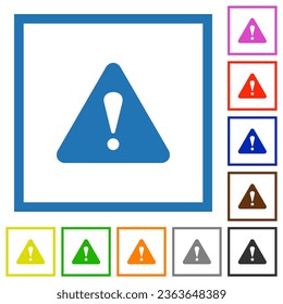 Signo de advertencia en forma de triángulo iconos de color plano en marcos cuadrados sobre fondo blanco