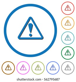 Triangle shaped warning sign flat color vector icons with shadows in round outlines on white background