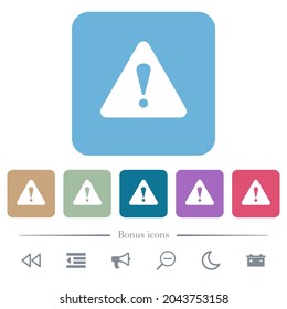 Signo de advertencia en forma de triángulo con iconos planos blancos sobre fondo cuadrado redondeado de color. 6 iconos de bonificación incluidos