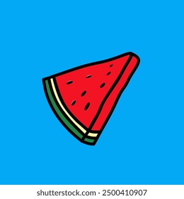 Triangle shaped watermelon slice isolated on a blue background . Watermelon icon. Vector flat illustration for colouring book, children book, cards, etc 