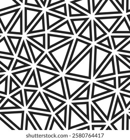 Triangle shapes background. Medium triangles size. Black and white style. Geometric shapes outlined. Repeatable pattern. Monochrome Contrast. Artistic vector tiles. Seamless vector illustration.