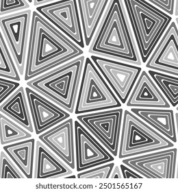 Triangle shapes background. Multiple repeated inner triangles. Big triangles size. Monotone colored style. Seamless pattern. Artistic vector tiles. Creative vector illustration.