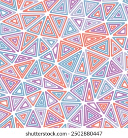 Triangle shapes background. Multiple repeated inner triangles. Medium triangles size. Multicolored style. Seamless pattern. Artistic vector tiles. Classy vector illustration.