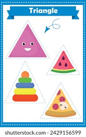 Dreieck. Shapes-Studienseite. Vorschul- oder Kindergartenarbeitsblatt mit verschiedenen dreieckigen Abbildungen. 