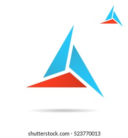 Triangle with sharp edges formes delta sign, blue and red colors, 2d vector illustration, isolated on white background, eps 10