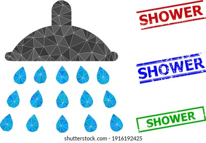 Triangle shower polygonal icon illustration, and grunge simple Shower stamps. Shower icon is filled with triangles. Simple stamps uses lines, rects in red, blue, green colors.