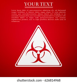 Triangle sign with a Biohazard sign flat icon on red background. Vector Illustration