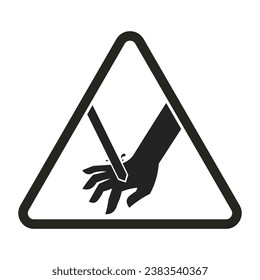Icono del pictograma de signo triangular 
lesión manual con la máquina pellizcada con cuchilla con salpicadura de sangre para señal de advertencia de peligro de seguridad