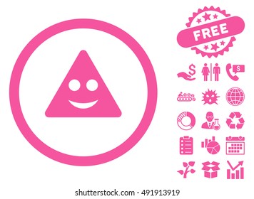 Triangle Sign Smile icon with free bonus icon set. Vector illustration style is flat iconic symbols, pink color, white background.