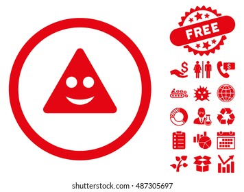 Triangle Sign Smile pictograph with free bonus symbols. Vector illustration style is flat iconic symbols, red color, white background.