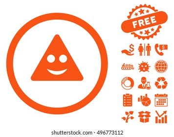 Triangle Sign Smile pictograph with free bonus pictograph collection. Vector illustration style is flat iconic symbols, orange color, white background.