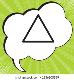 Triangle sign. Vector. Black icon in speech bubble at popart yellow green background.