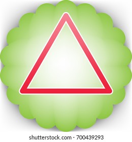 Triangle sign. Vector. Pinkish icon with white contour on green background which similar to flower.