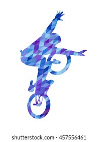 Triangle silhouette of  jumping bmx cyclist isolated on white. Art vector illustration