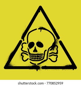 Triangle, skull and crossbones - death warning sign. Black spray graffiti stencil. Yellow background.