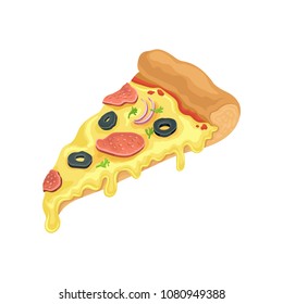 Triangle slice of classic pizza with salami. Fast food theme. Cartoon style icon. Flat vector element for cafe or pizzeria menu