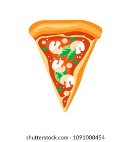 Triangle slice of pizza with mushrooms, basil leaves and ketchup. Fast food. Flat vector element for pizzeria menu or mobile app