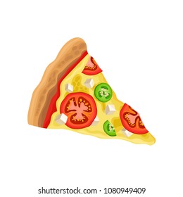 Triangle slice of pizza with tomatoes, cucumbers and mozzarella cheese. Delicious fast food. Flat vector element for promo poster flyer of pizzeria