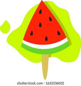 Triangle slice of watermelon on ice cream stick in flat minimal style with black seeds on bright background. Cute summer illustration for card, poster or pattern