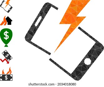 Triangle smartphone crash ilustración 2d poligonal e iconos similares. El accidente de Smartphone está lleno de triángulos. Choque de smartphone de baja resolución combinado con triángulos rellenos aleatoriamente.