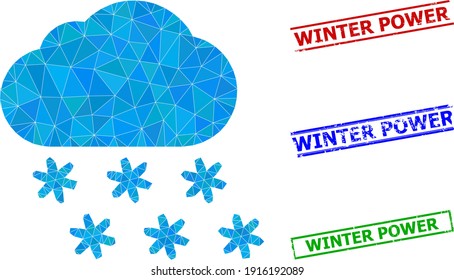 Dreieck Schnee wettert polygonal Symbol-Illustration und kratzte einfache Winter Power Siegel. Das Schneewetter-Symbol ist mit Dreiecken gefüllt. Einfache Siegel verwenden Linien, rects in Rot, Blau, Grün.