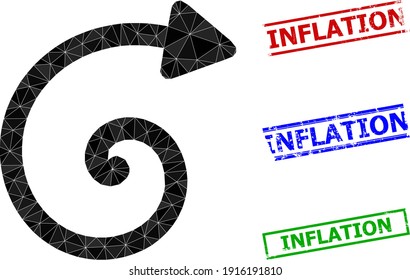 Triangle spiral arrow polygonal icon illustration, and scratched simple Inflation stamp seals. Spiral Arrow icon is filled with triangles. Simple stamp seals uses lines, rects in red, blue,